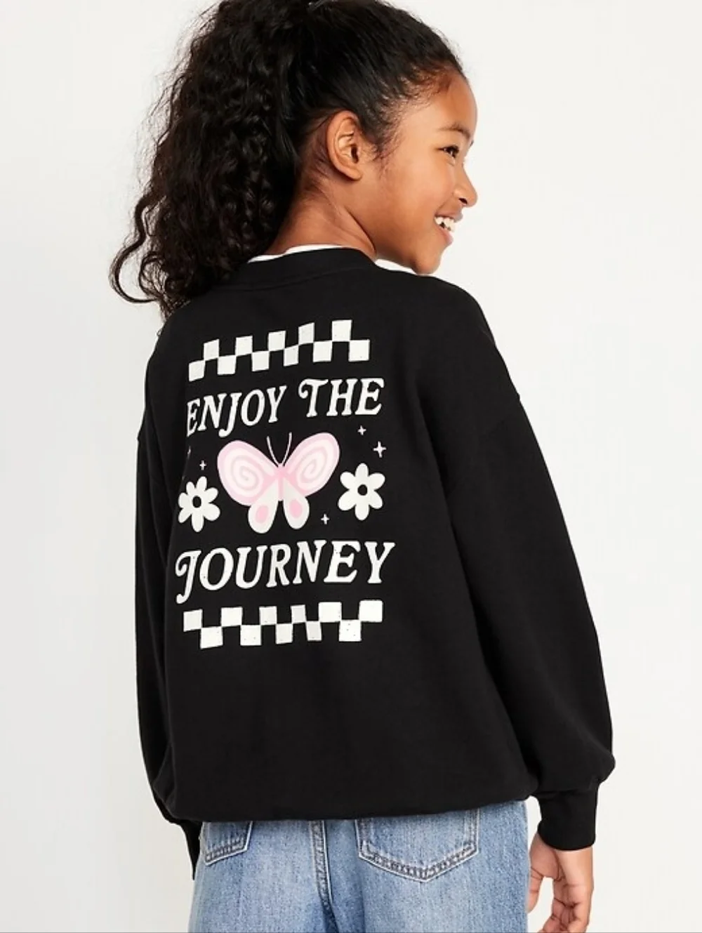 Old Navy Oversized Black Crew Neck with Butterfly Design Girls Size 10/12